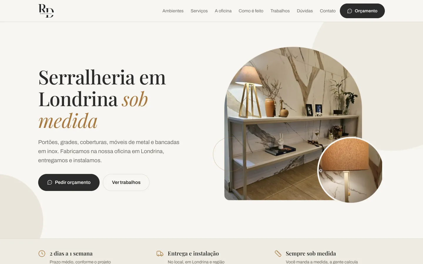 Página inicial do site da RD Serralheria com Design, serralheria em Londrina